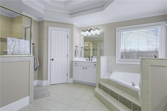 bathroom with vanity, tiled shower, crown molding, and a garden tub