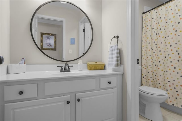 full bath with tile patterned floors, toilet, vanity, and a shower with shower curtain