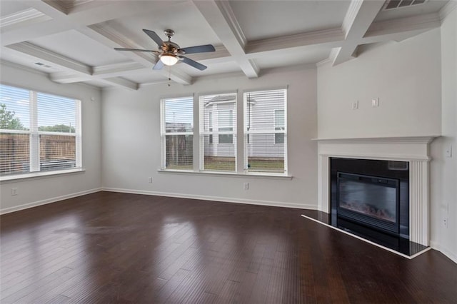 2231 Bedell Dr, Conyers, GA 30094 - unfurnished living room featuring coffered ceiling, healthy amount of natural light, ceiling fan, wood finished floors, and beam ceiling