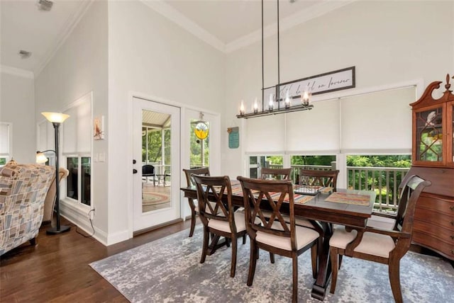 806 Skelton Rd, Hoschton, GA 30548 - dining room with a towering ceiling, ornamental molding, wood finished floors, and a chandelier
