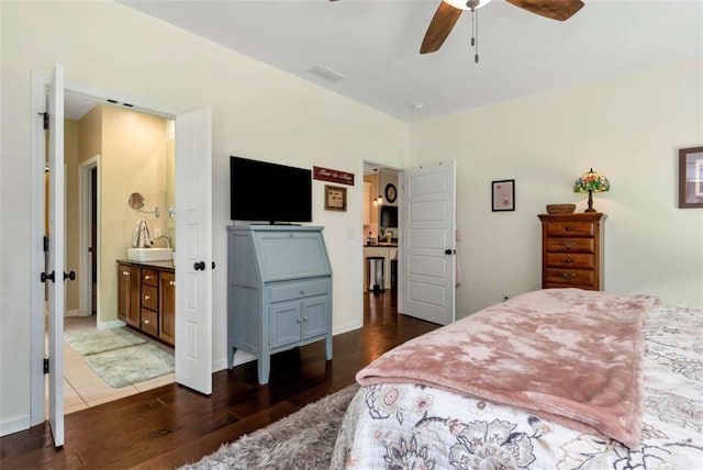 806 Skelton Rd, Hoschton, GA 30548 - bedroom featuring dark wood-type flooring, ensuite bath, and a ceiling fan