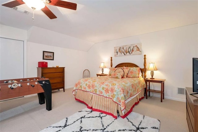 806 Skelton Rd, Hoschton, GA 30548 - bedroom featuring light colored carpet, vaulted ceiling, and ceiling fan