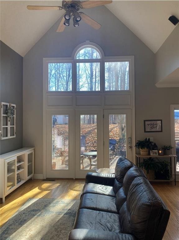 180 Hightower Lake Trl, Ball Ground, GA 30107 - living room featuring healthy amount of natural light, high vaulted ceiling, wood finished floors, and a ceiling fan