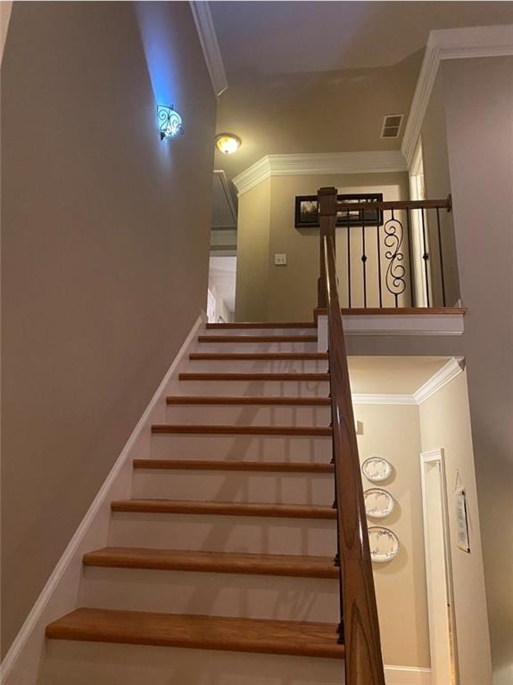 180 Hightower Lake Trl, Ball Ground, GA 30107 - staircase featuring crown molding and baseboards