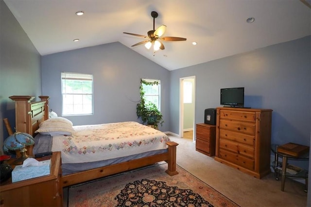 236 Hiram Sudie Rd, Dallas, GA 30157 - bedroom with light colored carpet, vaulted ceiling, recessed lighting, ceiling fan, and baseboards