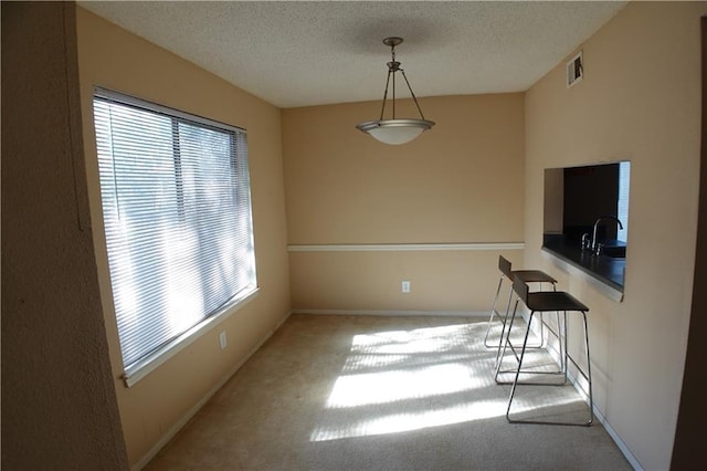 unfurnished dining area featuring light carpet, sink, and a textured ceiling