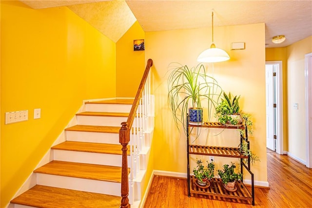 staircase with hardwood / wood-style flooring and a textured ceiling