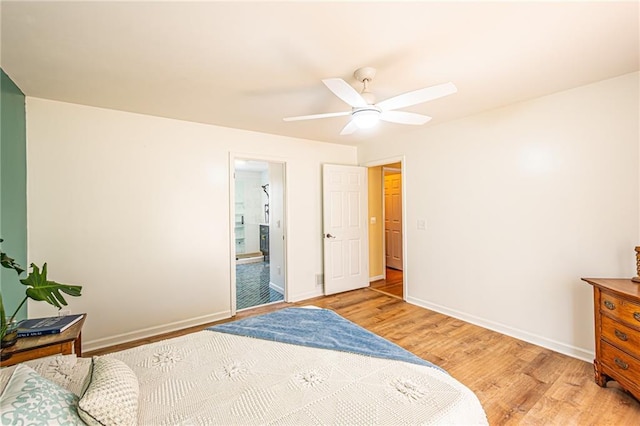 bedroom featuring light hardwood / wood-style floors and ceiling fan