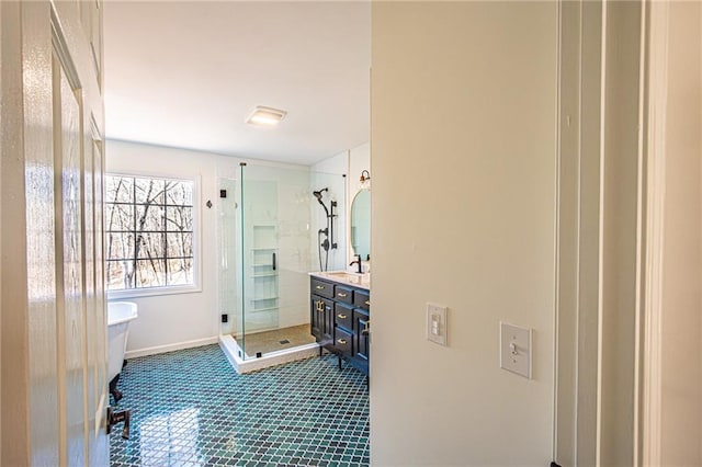 bathroom featuring vanity and walk in shower