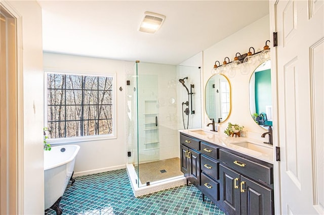 bathroom featuring vanity and separate shower and tub