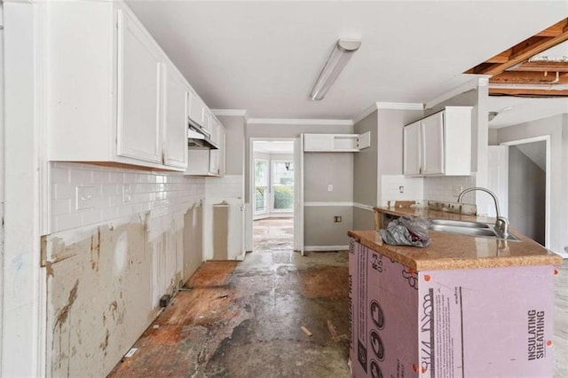 4467 Boatmans Cv, Stone Mountain, GA 30083 - kitchen featuring ornamental molding, tasteful backsplash, white cabinets, unfinished concrete flooring, and under cabinet range hood