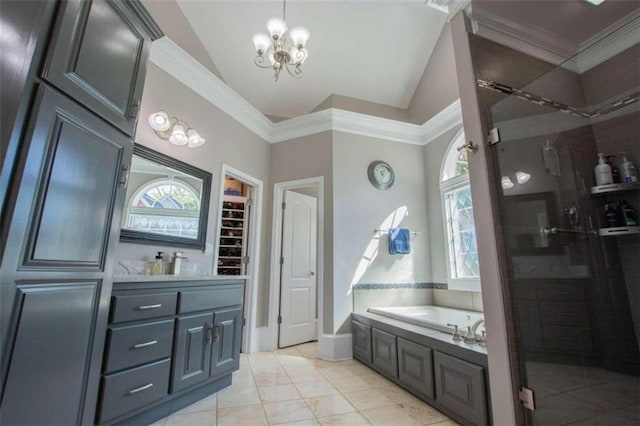 bathroom featuring a chandelier, independent shower and bath, ornamental molding, lofted ceiling, and tile patterned flooring