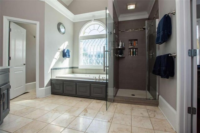 bathroom with separate shower and tub, crown molding, and tile patterned flooring