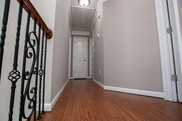 corridor featuring crown molding and hardwood / wood-style floors