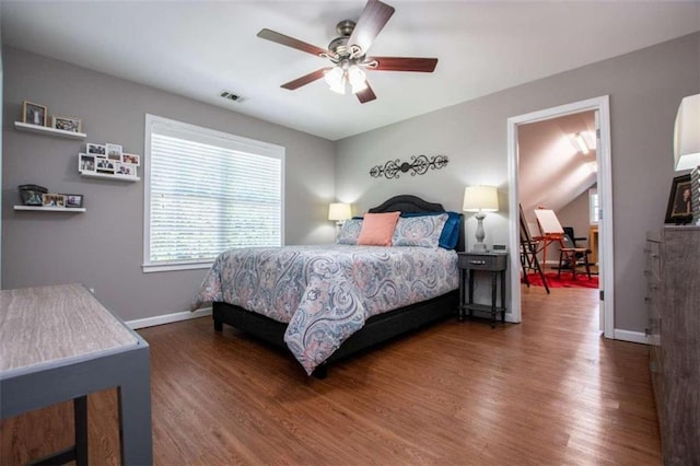 bedroom featuring wood-type flooring and ceiling fan