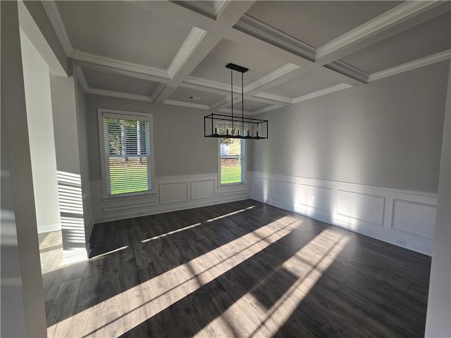 unfurnished dining area with beamed ceiling, dark hardwood / wood-style flooring, crown molding, and coffered ceiling