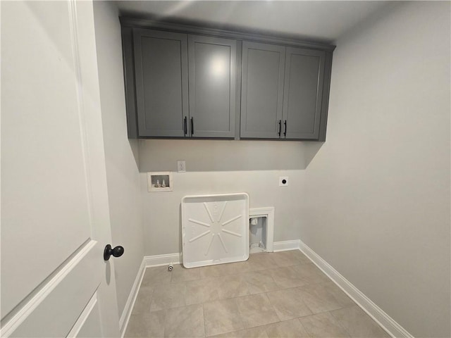 laundry room featuring cabinets, washer hookup, hookup for an electric dryer, hookup for a gas dryer, and light tile patterned floors