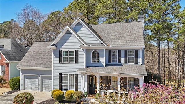 traditional-style house featuring driveway, covered porch, a shingled roof, a chimney, and a garage