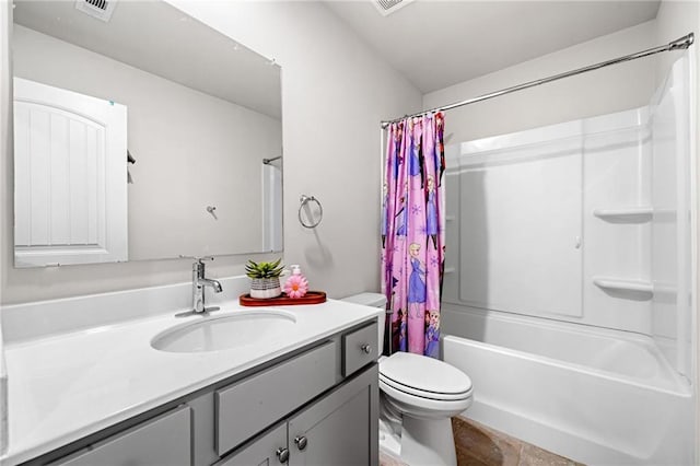 309 Vista Ln, Woodstock, GA 30189 - bathroom featuring vanity, shower / bathtub combination with curtain, visible vents, and toilet