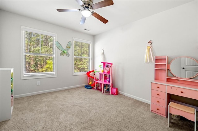 309 Vista Ln, Woodstock, GA 30189 - game room featuring visible vents, baseboards, a ceiling fan, and carpet