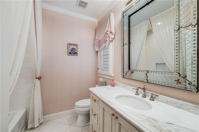 full bathroom with shower / tub combo, tile patterned floors, ornamental molding, vanity, and toilet