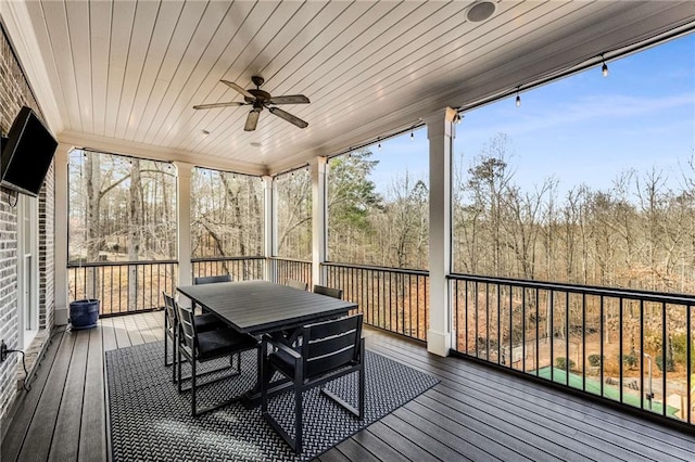 sunroom / solarium with ceiling fan and wood ceiling