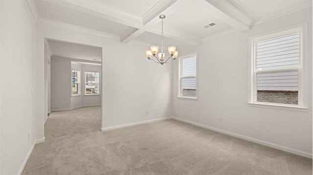 13567 Whitman Ln, Covington, GA 30014 - spare room featuring light carpet, a chandelier, beamed ceiling, coffered ceiling, and baseboards