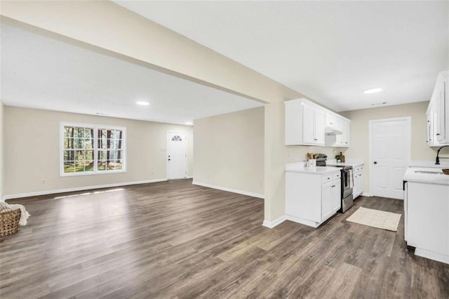 254 Barnesville Rd, Milner, GA 30257 - kitchen with dark wood finished floors, stainless steel electric stove, open floor plan, and light countertops