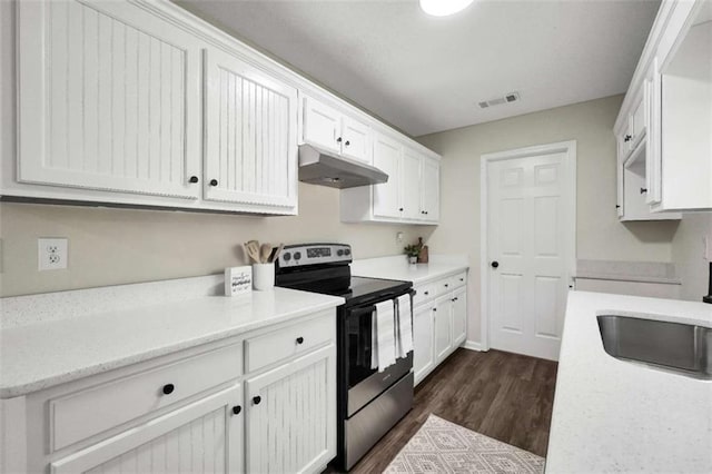 254 Barnesville Rd, Milner, GA 30257 - kitchen with white cabinets, a sink, dark wood-style flooring, stainless steel range with electric cooktop, and under cabinet range hood