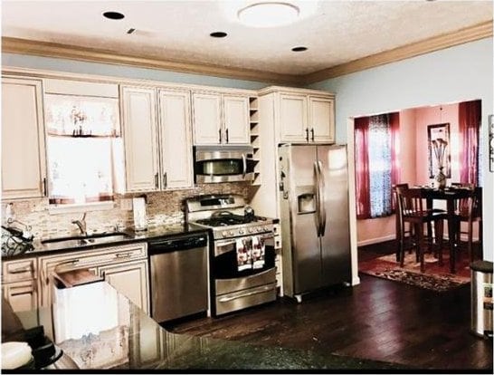 kitchen with decorative backsplash, appliances with stainless steel finishes, dark hardwood / wood-style floors, and sink