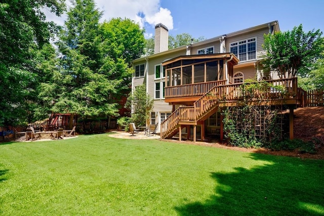 4310 Granby Way, Marietta, GA 30062 - rear view of property with an outdoor fire pit, a sunroom, stairs, a chimney, and a patio