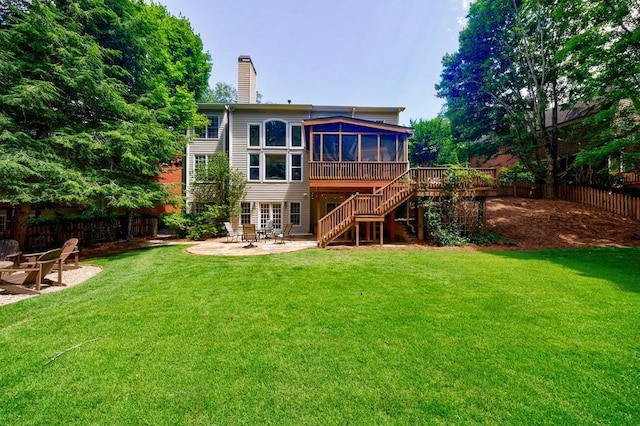 4310 Granby Way, Marietta, GA 30062 - rear view of property featuring a sunroom, a patio, stairs, a chimney, and a deck
