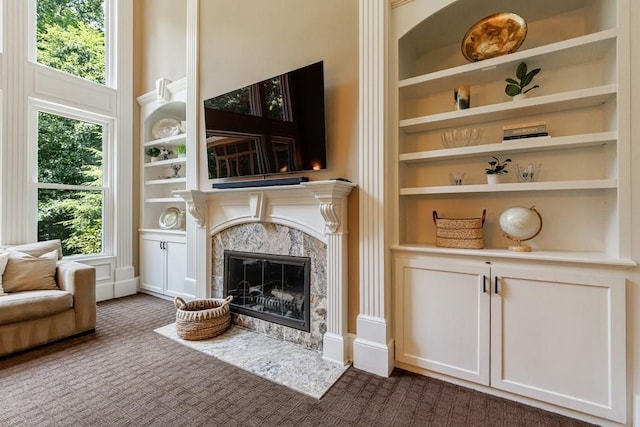 4310 Granby Way, Marietta, GA 30062 - living area featuring built in shelves, plenty of natural light, and a premium fireplace