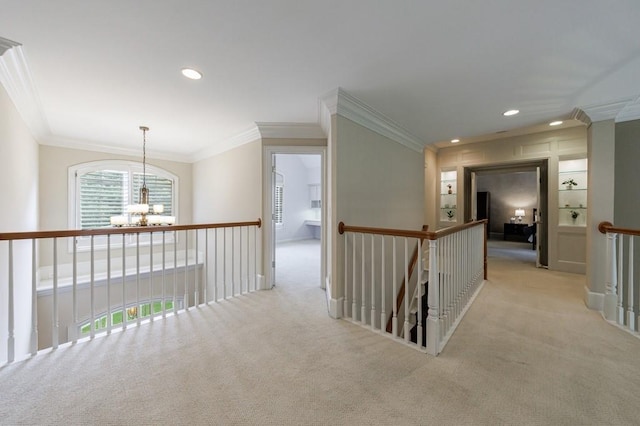 4310 Granby Way, Marietta, GA 30062 - hallway featuring a chandelier, light colored carpet, an upstairs landing, ornamental molding, and recessed lighting