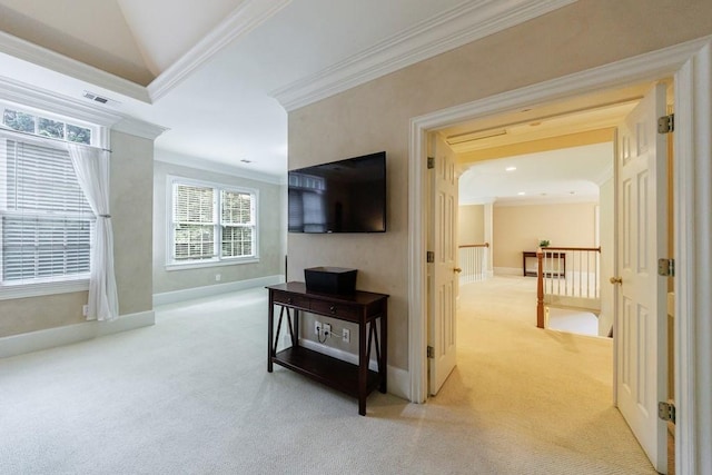 4310 Granby Way, Marietta, GA 30062 - corridor with ornamental molding, carpet flooring, and an upstairs landing