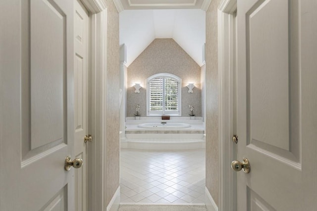 4310 Granby Way, Marietta, GA 30062 - bathroom featuring a bath, lofted ceiling, and tile patterned floors