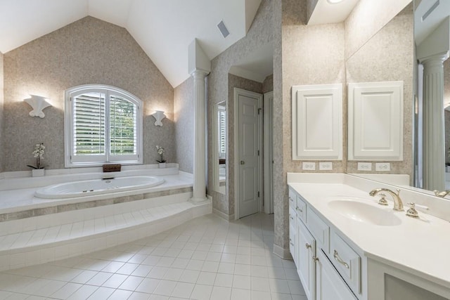 4310 Granby Way, Marietta, GA 30062 - full bathroom with ornate columns, vanity, vaulted ceiling, tile patterned flooring, and a bath
