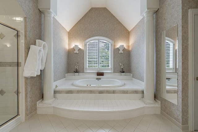 4310 Granby Way, Marietta, GA 30062 - full bathroom featuring a bath, decorative columns, wallpapered walls, a shower stall, and lofted ceiling