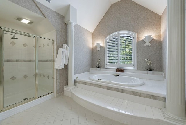 4310 Granby Way, Marietta, GA 30062 - full bath featuring vaulted ceiling, decorative columns, a garden tub, tile patterned flooring, and a stall shower