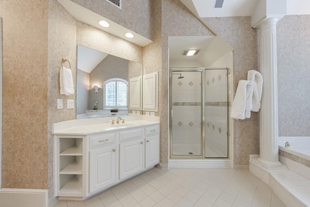 4310 Granby Way, Marietta, GA 30062 - bathroom with ornate columns, wallpapered walls, tile patterned flooring, a stall shower, and vanity