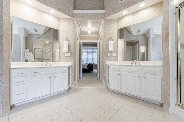 4310 Granby Way, Marietta, GA 30062 - bathroom featuring wallpapered walls, crown molding, two vanities, tile patterned flooring, and ensuite bathroom