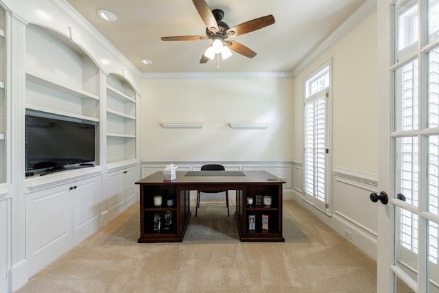 4310 Granby Way, Marietta, GA 30062 - office space featuring a decorative wall, ceiling fan, light colored carpet, crown molding, and a wainscoted wall