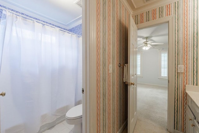 4310 Granby Way, Marietta, GA 30062 - bathroom featuring wallpapered walls, vanity, crown molding, shower / bathtub combination with curtain, and a ceiling fan