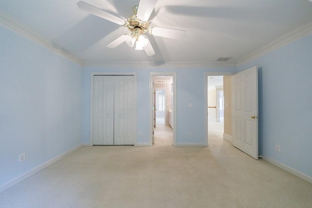 4310 Granby Way, Marietta, GA 30062 - unfurnished bedroom with crown molding, light carpet, a closet, and a ceiling fan