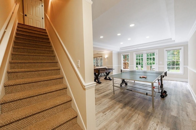 4310 Granby Way, Marietta, GA 30062 - game room featuring wood finished floors, ornamental molding, a tray ceiling, and recessed lighting