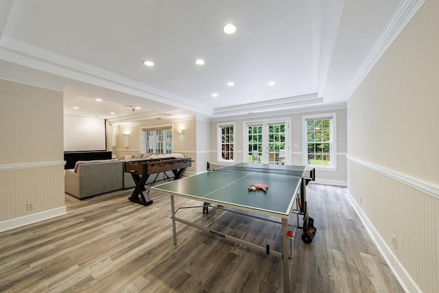 4310 Granby Way, Marietta, GA 30062 - recreation room featuring wood finished floors, french doors, a wainscoted wall, crown molding, and a tray ceiling