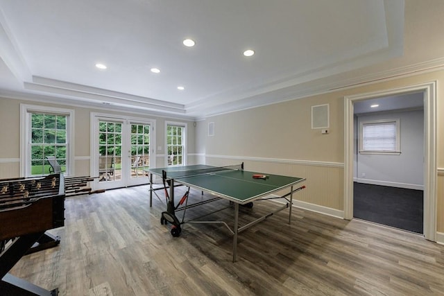 4310 Granby Way, Marietta, GA 30062 - game room with a raised ceiling, french doors, wood finished floors, wainscoting, and recessed lighting