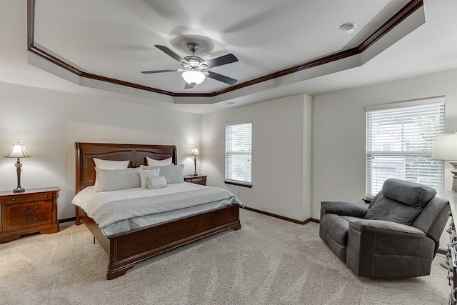 893 Whitfield Oak Rd, Auburn, GA 30011 - bedroom with a raised ceiling, light colored carpet, crown molding, baseboards, and a ceiling fan