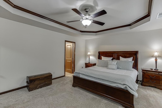 893 Whitfield Oak Rd, Auburn, GA 30011 - bedroom with light carpet, a raised ceiling, ornamental molding, baseboards, and ceiling fan