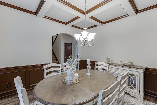 893 Whitfield Oak Rd, Auburn, GA 30011 - dining area with coffered ceiling, stairway, beamed ceiling, a wainscoted wall, and a decorative wall
